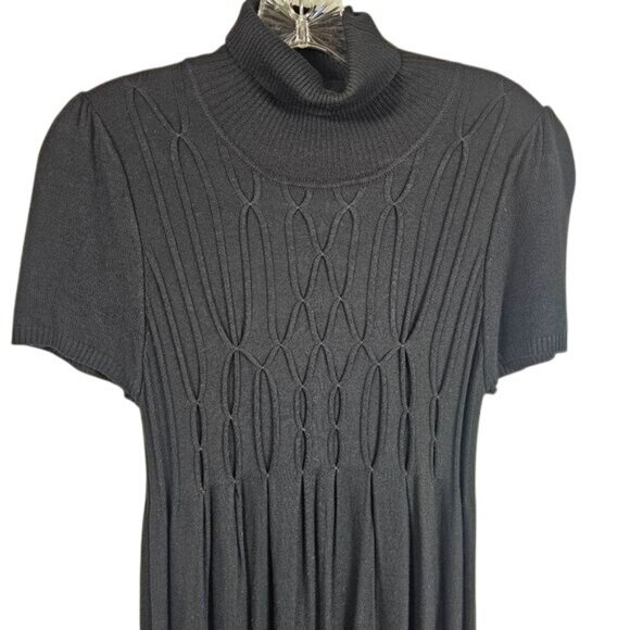Max Studio Specialty Black Turtleneck Dress L Lattice Bodice Short Sleeve Goth - Picture 2 of 8